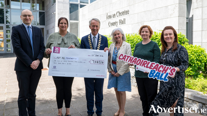 Michael Owens, Director of Services, Galway County Council; Siobhan Carroll, Act for Meningitis; Liam Carroll, former Cathaoirleach of the County of Galway; Alison Carroll; Mary McGann, and Liadhan Keady, Administrative Officers, Galway County Council pictured outside Áras an Chontae. Photo: Galway County Council.