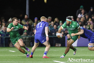 Connacht&#039;s Bundee Aki and Shayne Bolton against Leinster&#039;s Andrew Osborne in action from the BKT United Rugby Championship at Dexcom Stadium on Saturday. Photo: Mike Shaughnessy