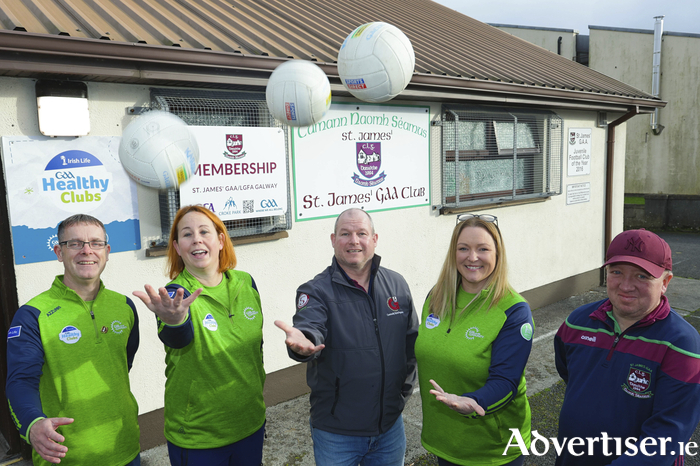 Gary Casey (left) and Claire Quinn, St James’ GAA with Jason Craughwell Galway Sports Partnership, Olga Concar- Murphy and Tomas Frain, St James’ GAA Club at the launch of the GAA Healthy Club on Saturday. 
