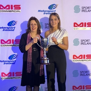 Rosemary Walsh, chair of the Motorsport Ireland women&rsquo;s commission, presenting the Rosemary Smith Award to Aoife Raftery.