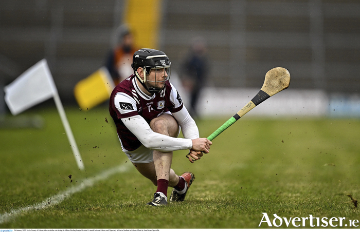 26 January 2025; Kevin Cooney of Galway takes a sideline cut during the Allianz Hurling League Division 1A match between Galway and Tipperary at Pearse Stadium in Galway. Photo by Sam Barnes/Sportsfile