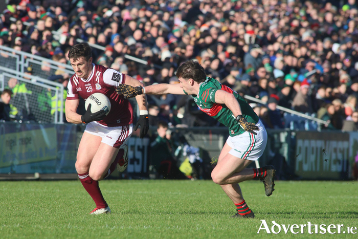 Galway’s Shane Walsh and Mayo’s Sam Callinan in action from the Allianz National Football League game at Hastings Insurance  McHale Park, Castlebar on Sunday. 
Photo: Mike Shaughnessy
