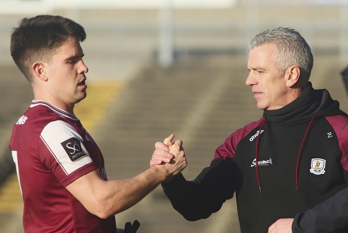 Galway manager Padraig Joyce and Sean Kelly during the Allianz National Football League game against Mayo at Hasting Insurance McHale Park, Castlebar on Sunday.