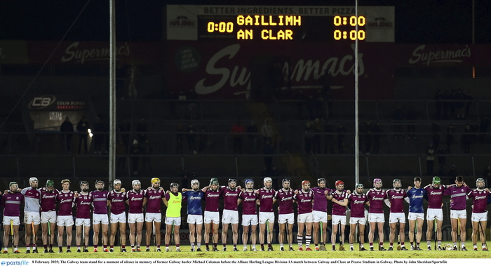 8 February 2025; The Galway team stand for a moment of silence in memory of former Galway hurler Michael Coleman before the Allianz Hurling League Division 1A match between Galway and Clare at Pearse Stadium in Galway. Photo by John Sheridan/Sportsfile