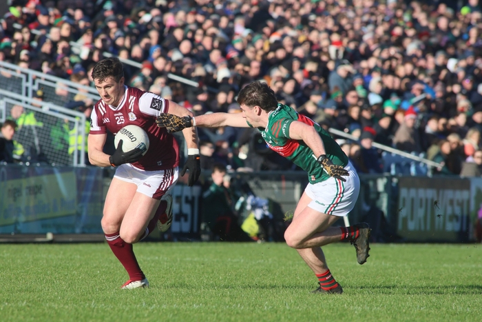  Galway’s Shane Walsh and Mayo’s Sam Callinan in action from the Allianz National Football League game at Hasting Insurance  McHale Park, Castlebar on Sunday. Photo: Mike Shaughnessy