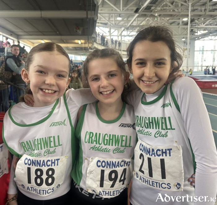 Ava McGlynn, Ciara Ward and Freya Wholihan of Craughwell AC at the Connacht Indoor Track & Field Event on Sunday