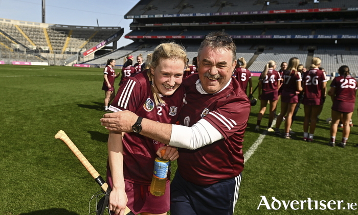 Shauna Healy of Galway celebrates with a supporter after the Very Camogie League Final Division 1A match between Kerry and Meath at Croke Park in Dublin in 2023. Photo by Eóin Noonan/Sportsfile