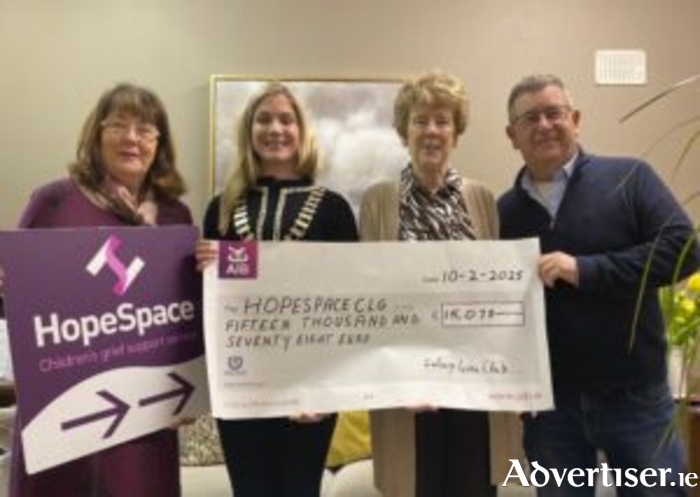 Pictured handing over the cheque from The Galway Lions Club are, Muireann Ryan, president of The Galway Lions Club, along with Barry O Connor (Galway Lions Club, and November Swim project chair), to HopeSpace's Kathleen and Kay