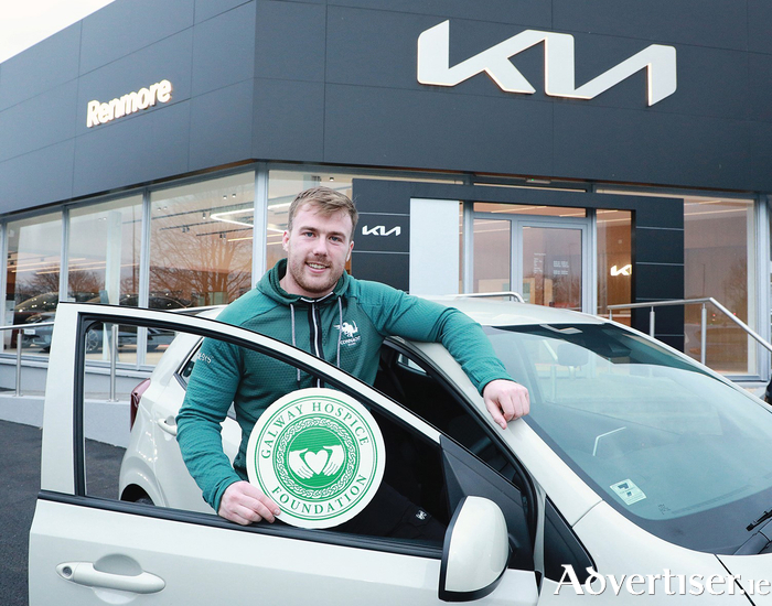 Connacht Rugby’s David Hawkshaw launching the 2025 Galway Hospice Car Raffle at Kia Renmore.  Photo: Seán Lydon.