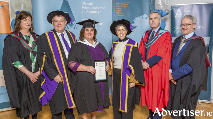 L to R:  Caroline Clarke, ATU lecturer and Programme Chair of the Bachelor of Arts (Honours) in Human Resource Management, Dr Billy Bennett, VP Registrar and Academic Affairs, Noeleen Hussey from Oranmore,  Galway, Academic Achievement award winner from the Bachelor of Arts (Honours) in Human Resource Management class 2024, Dr Orla Flynn, ATU President, Dr Seamus Lennon, Head of the ATU Galway-Mayo School of Business, and Michael Gill, Head of Department of Organisational Development, ATU.