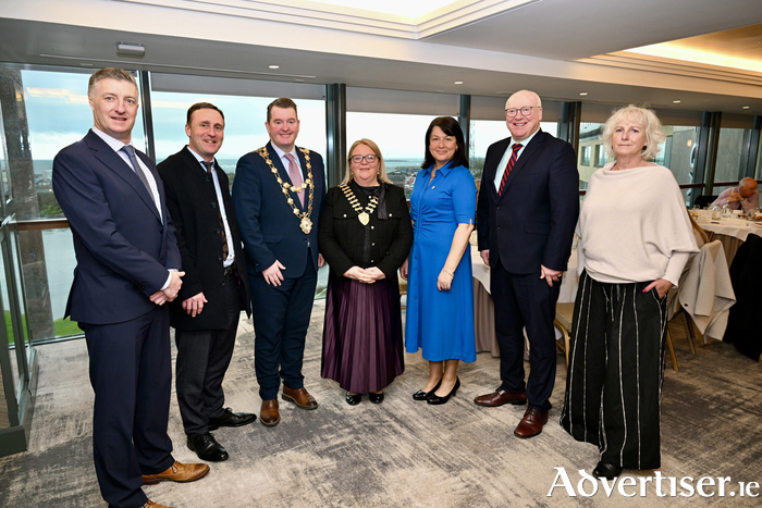 Pictured left to right at The Galmont Hotel in Galway; Liam Hanrahan, Director of Services, Economic Development and Planning, Galway County Council; Leonard Cleary, Chief Executive, Galway City Council; Cllr Peter Keane, Mayor of the City of Galway; Cáit Noone President, Galway Chamber; Caitriona Morgan, Administration Officer, Galway City Council; Liam Conneely, Chief Executive, Galway County Council; and Deirdre MacLoughlin, interim CEO, Galway Chamber. Credit Andrew Downes.