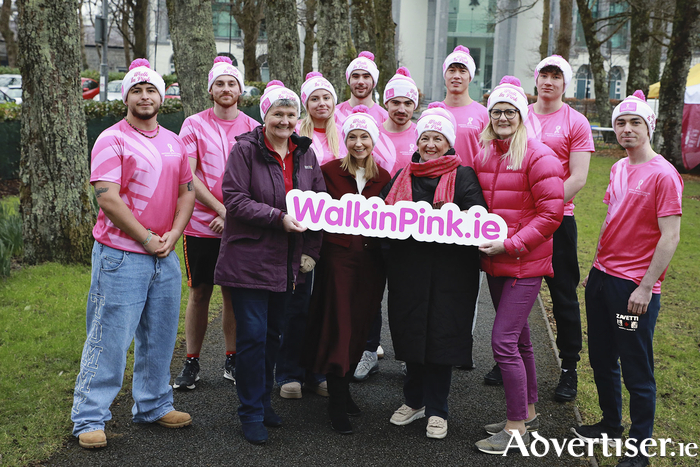 Attending the launch of ‘Walk in Pink’ in aid of the National Breast Cancer Research Institute were members of University of Galway CancerSoc with National Breast Cancer Research Institute (NBCRI) Galway Volunteer Fundraising Committee members, Maeve Feehan, Chairperson NBCRI Caroline Loughnane, Johanna Downes and Faith Fahy.    Photo: Sean Lydon