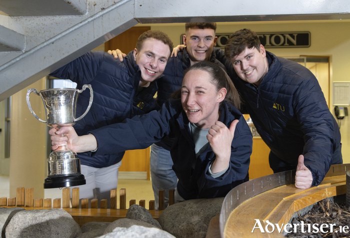 ATU students after winning the CIOB  Tomorrow’s Leaders Student Challenge Ireland, L to R: Kevin Kenneally (4th year BSc (Hons) Architectural Technology) from Kilmovee Co Mayo; Dylan Hanley (4th year BSc (Hons) Construction Management) from Tullow, Co Carlow; Tony Conlon (4th year BSc (Hons) Construction Management) from Ballina, Co Mayo; front centre, Kerrie O’Flaherty (4th year BEng (Hons) Civil Engineering) from Knocknacarra, Galway city. Photos by Paul Sherwood Photography