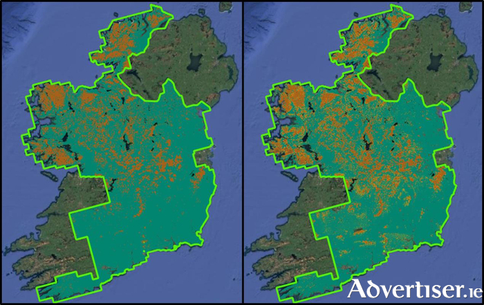 GSI Soil Map vs Current Study: (Left) Soil/sediment map of Ireland (produced by GSI) simplified to show areas of peat (brown) and areas of mineral (green) soil. (Right) Results from this study showing better resolution of areas of peat and peat soil transition (Brown to Orange) and mineral soil (Green). Image Credit: Dr Dave O’Leary