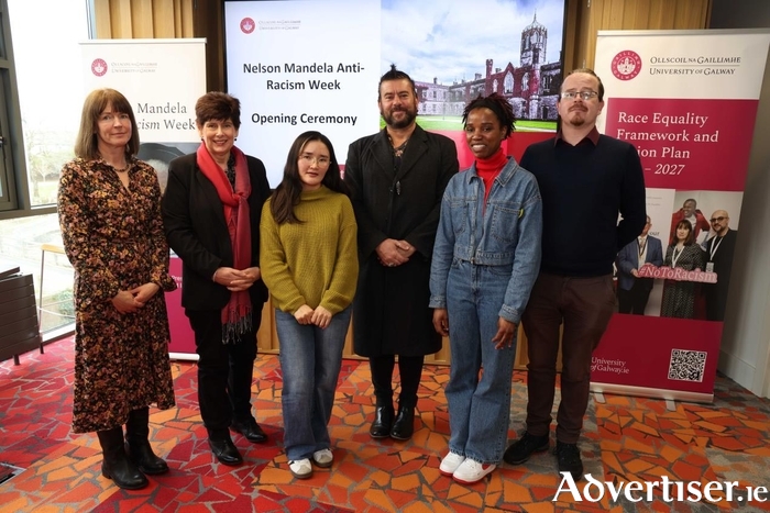 L to R: Aoife Cooke, Head of EDI, University of Galway, Nicolette Schreiber, South African Ambassador to Ireland, Zahra Adeli, Leonard Snygans and Thulisile Ndlovu, University of Sanctuary scholarship recipients, University of Galway, Aidan Harte, University of Sanctuary Officer, University of Galway.