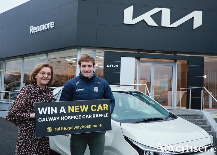 Win a car for just €10: Galway Hurler Conor Whelan and Galway Hospice CEO Mary Nash pictured launching the 2025 Galway Hospice Car Raffle at Kia Renmore. First prize is a 2025 Kia Picanto. Second prize is a holiday to France with KelAir Campotel, sponsored by Keller Travel. Third prize is €500 cash. Tickets are just €10 from raffle.galwayhospice.ie, Galway Hospice, Renmore or 091-770868. Entries close Monday April 28. 
Photo: Seán Lydon.
