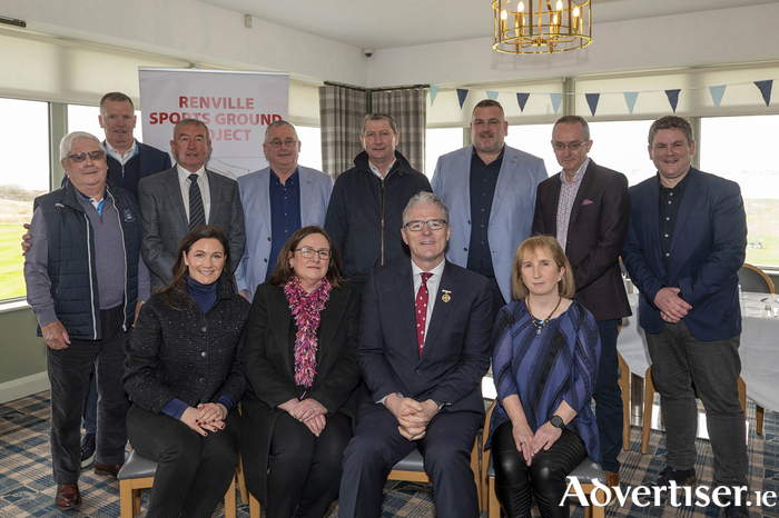 GAA President Jarlath Burns with members of the Renville Sports Grounds Management Committee at the official Sod Turning for Renville Sports Grounds. Seated L to R : Áine Killilea, Louise Gallagher, Jarlath Burns  GAA President and Fiona Slevin. Standing : Gerry Rabbitt, Frank Lohan, Padraig O’Callaghan (Chairperson of Renville Sports Grounds Management Committee), Sean Greene (Chairperson of Oranmore-Maree GAA One Club), Des Hanniffy, Derek Cullinane, (Developement Officer Renville Sports Grounds), Frank Grealish and Paul Byrnes. Missing from Photo : Pat Rattigan and Sorcha Hanniffy. Photo : Murtography