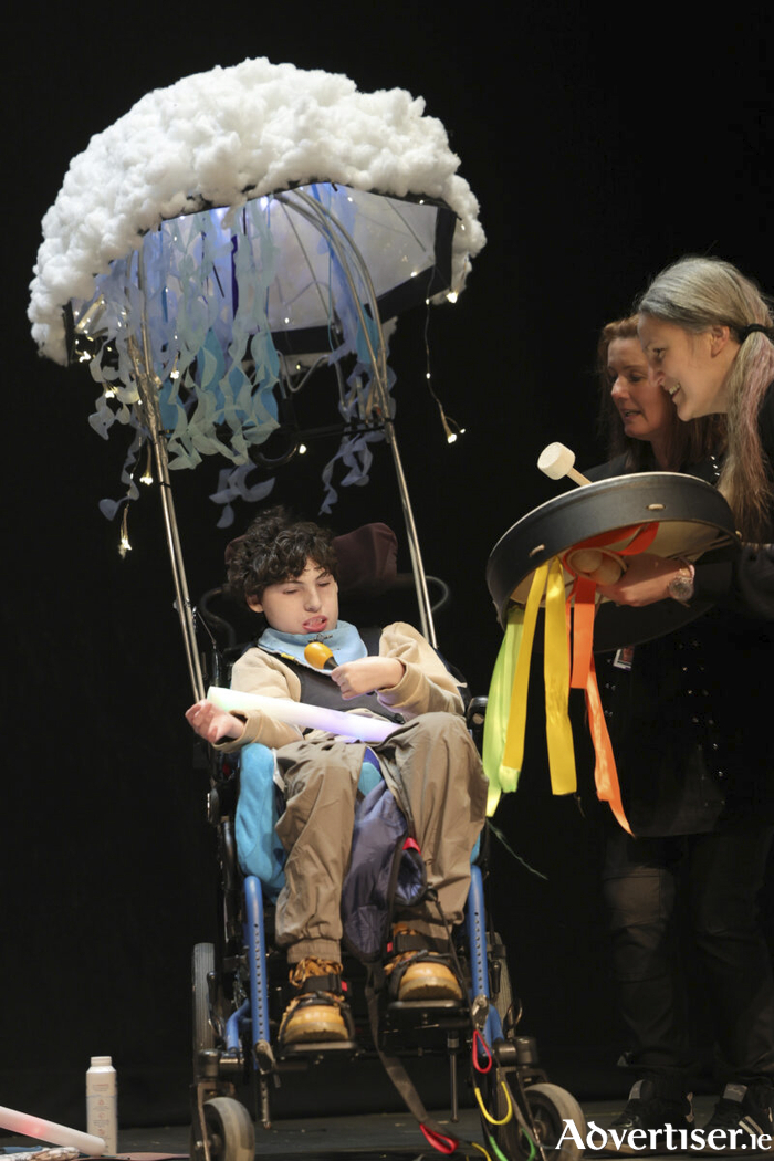 Mairead Gilmartin, Staff Nurse LauraLynn, Katerina Cussen Music Therapist at LauraLynn and Darragh (14) on stage at 'LauraLynn at The Abbey' in a unique production: The March of the Goldendoodles. (Photo: Jason Clarke)