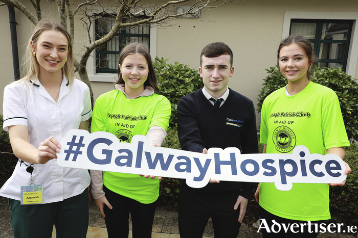 Join the Croagh Patrick Climb for Galway Hospice on Saturday 21st June. Pictured launching the Climb are Galway Camogie Player Alannah Kelly, who is an Occupational Therapist at Galway Hospice, Éabha Molloy, Clarin College TY Student, Galway Camogie Under 17 Player Kiera Mernagh, and Tommy Callinan Jr from sponsor Callinan Coaches Ltd. Sign up for the Climb at galwayhospice.ie/climb or call Galway Hospice on 091-770868. Photo: Seán Lydon.