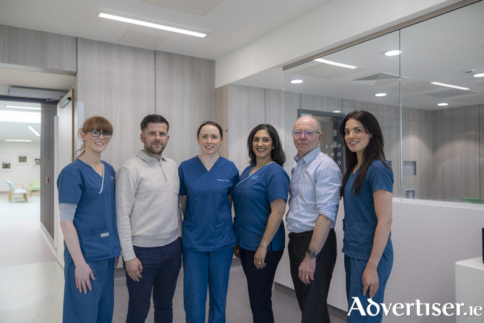 At the Radiation Oncology Centre, University Hospital Galway, from left, Eva Eagleton, Senior Radiation Therapist; Joe McManus, Deputy Radiotherapy Services Manager; Michelle Comer, Clinical Specialist Radiation Therapist; Laura Kennedy Clinical Specialist Radiation Therapist; Stephen Coyne, Radiotherapy Services Manager and Ailbhe Ni Chonceannain, Radiation Therapist.
