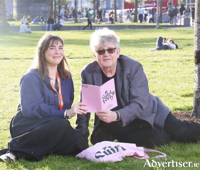 Manuela Moser, director of The 40th Cúirt International Festival of Literature with poet Paul Muldoon in Eyre Square on Tuesday prior to the opening of the festival. Photo: Mike Shaughnessy