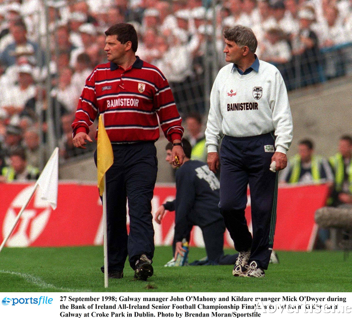 Galway manager John O'Mahony and Kildare manager Mick O'Dwyer during the Bank of Ireland All-Ireland Senior Football Championship Final match between Kildare and Galway at Croke Park in Dublin in 1998. Photo by Brendan Moran/Sportsfile