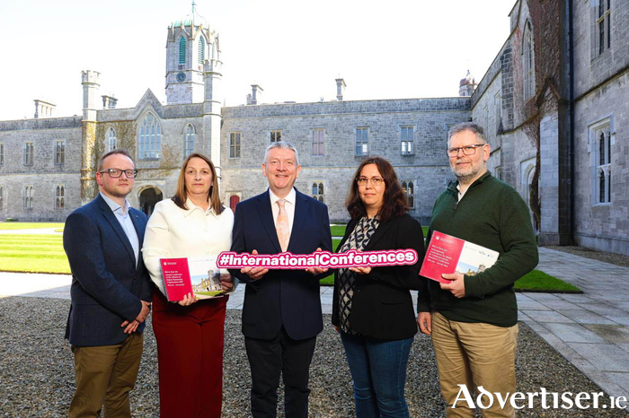 Ethan Brennan, Conference and Events Manager, Patricia Walsh, Head of Conference Services, Professor Peter McHugh, Interim President at University of Galway, Dr Raluca Tanasescu, Researcher in Translation and Global Media, and Dr Andrew Ó Baoill, Lecturer, School of English, Media and Creative Arts. Credit – Mike Shaughnessy. 