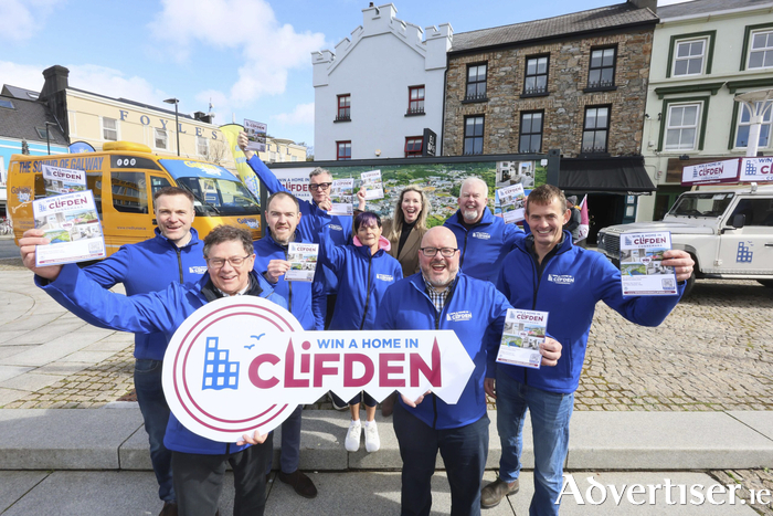 Attending the launch of the Win A Home In Clifden draw on Monday were (front l-r) John Sweeney, Terence O’Toole and Simon Ashe. ( Back l-r) Damian Joyce, Aidan Brady, Conall Joyce, Bernie Collins, Sadhbh O’Gorman and Kevin Glynn. Photo: Mike Shaughnessy