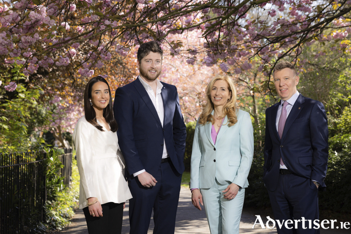 Pictured at the announcement of the EY Entrepreneur of the Year 2025 finalists, from left: Eimear McCrann, director, EY Entrepreneur Of The Year; Gareth Sheridan of Nutriband Inc,; Laura Dowling of fabÜ and Roger Wallace, partner lead, EY Entrepreneur Of The Year. 
Photo: Naoise Culhane.