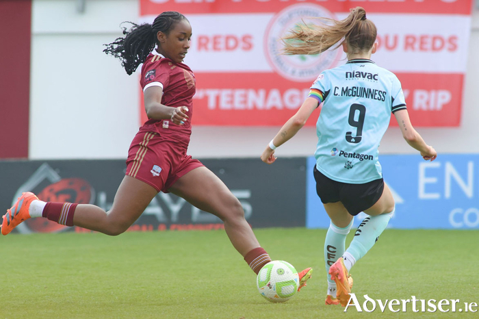 Galway United’s Eve Dossen and Caitlin McGuinness of Cliftonville in action from the All Island Cup game at Eamonn Deacy Park. Photo: Mike Shaughnessy