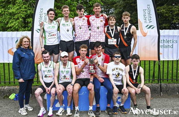 Athletics Ireland president Bríd Golden, left, with senior men's medalists Ennis Tarck AC, Clare, gold, Craughwell AC, Galway, silver, and Clonliffe Harriers AC, bronze, during the 123.ie National Road Relay Championships in Raheny, Dublin. Photo by Tyler Miller/Sportsfile