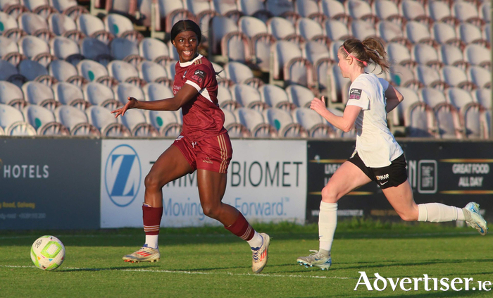 Galway United’s Rolake Olusola looks for support as she comes under pressure from Athlone Town’s Hannah Waesch in action from the SSE Airtricity Women’s Premier Division game at Eamonn Deacy Park last Saturday. Photo: Mike Shaughnessy