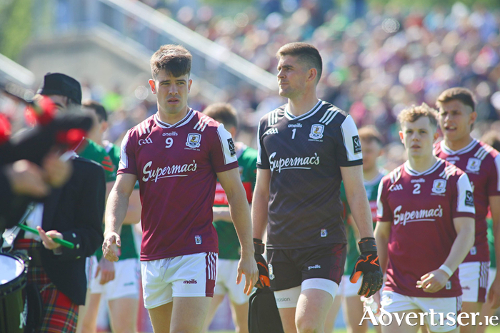 Galway captain Sean Kelly leads the team in the parade before the Connacht Senior Football Championship final at Hastings Insurance McHale Park, Castlebar last 
Sunday. Photo: Mike Shaughnessy