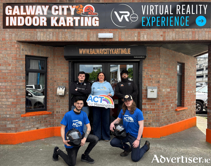 Siobhan Carroll of ACT for Meningitis; Mathieu Rousseau, Rushan Mahmood, Mark Joyce Kerrigan and Ricardo Rostas, Galway City Karting at the announcement of the event.