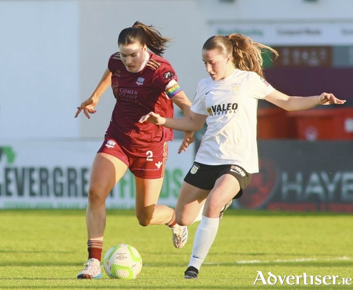 Galway United’s Aoibheann Costello and Athlone Town’s Isabel Ryan in action from the SSE Airtricity Women’s Premier Division game at Eamonn Deacy Park. Photo: Mike Shaughnessy.