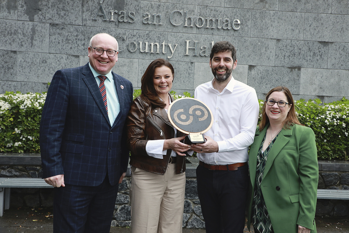 (L-R) Liam Conneally, Chief Executive of Galway County Council, Margaret Monaghan, Business Development and Growth Manager, MartEye, Ciaran Feeney, co-founder of MartEye and Caroline McDonagh, Head of Enterprise for LEO Galway. 
