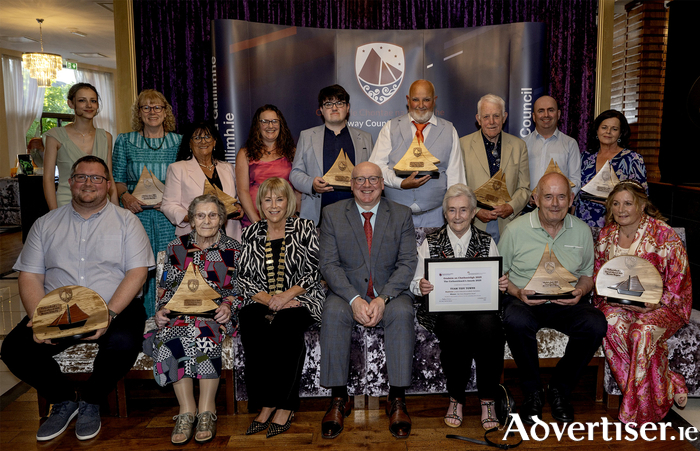 Representatives of the winning groups in the Cathaoirleach’s Community Awards 2025 pictured with Cllr. Martina Kinane, Cathaoirleach of the county of Galway and Liam Conneally, Chief Executive of Galway County Council at the Cathaoirleach’s Ball in The Raheen Woods Hotel Galway. Photo : Murtography