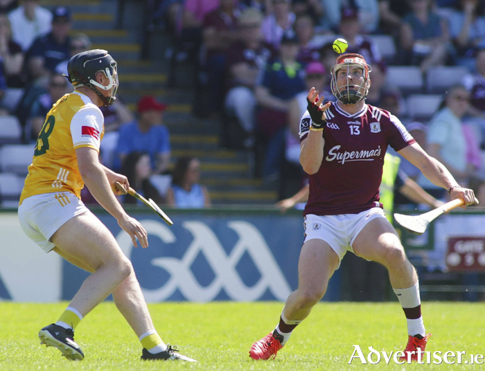 Galway’s Conor Whelan and Antrim’s Ruairí McCormick in action from the Leinster GAA Hurling Senior Championship Round 4 game at Pearse Stadium last Saturday. Photo: Mike Shaughnessy
