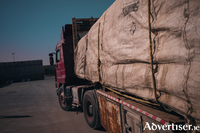 A truck carrying humanitarian aid at the Israel-Gaza Kerem Shalom border crossing.