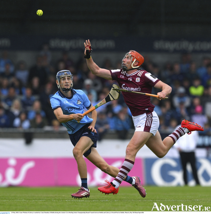 Conor Whelan of Galway is tackled by Conor Donohue of Dublin during the Leinster GAA Hurling Senior Championship Round 5 match between Dublin and 
Galway at Parnell Park in Dublin. 
Photo by Ray McManus/Sportsfile