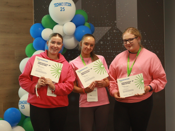 Saoirse Moloney, Amy Farrell and  Caitlin Higgins with their Technovation certificates at the Technovation Ireland Regional Pitch Event at AMD in Dublin recently. Photo credit Robbie Reynolds Photography.