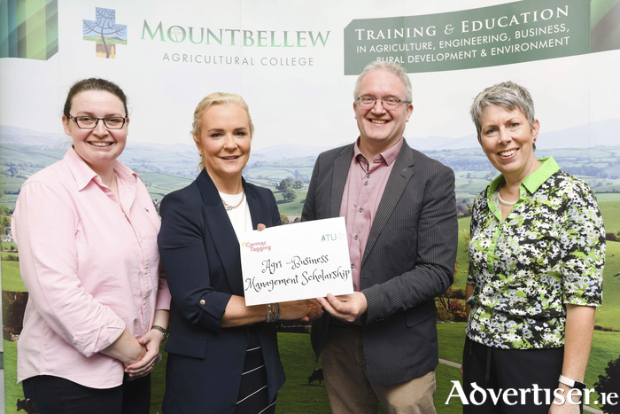 At the announcement of ATU Mountbellew Agricultural College Agri Business Management Scholarship were ( l-r) Dr Edna Curley, Principal of Mountbellew Agricultural College, Ursula Kelly, MD of Cormac Tagging, sponsors of the Scholarship, Michael Gill, Head of Department - Organisational Development - ATU Castlebar Co. Mayo and Dr Orla Flynn, President of ATU