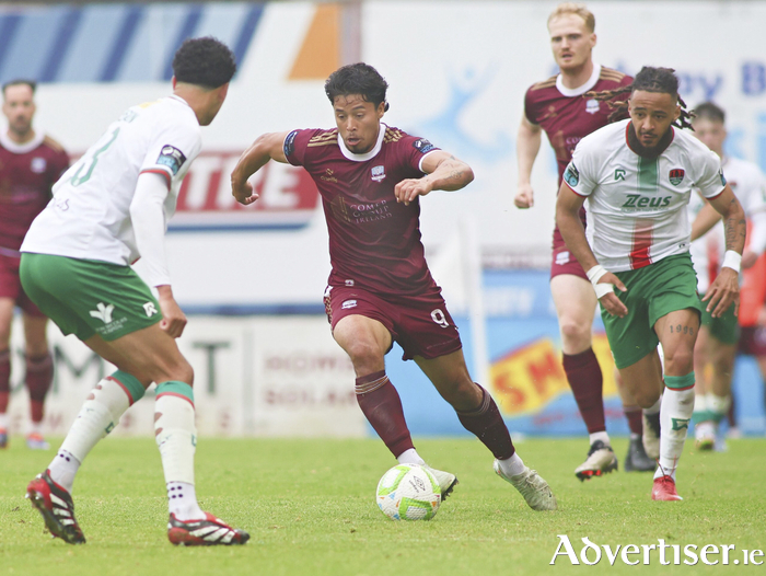 Galway United’s Moses Dyer and Cork City’s Freddie Anderson in action from the SSE Men's Premier Division game at Eamonn Deacy Park in May. Photo: Mike Shaughnessy