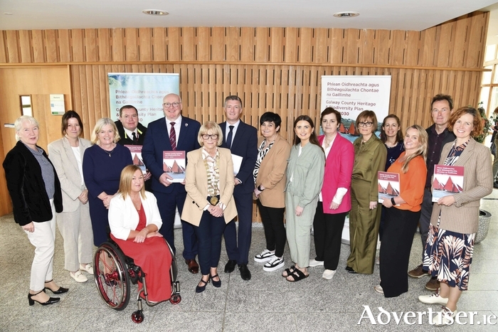 Cllr Martina Kinane, Cathaoirleach of the County of Galway, pictured with staff of Galway County Council at the launch of the Galway County Heritage and Biodiversity Plan 2024-2030 at the Marine Institute, Rinville, County Galway. Credit Jacinta Fahy Photography.