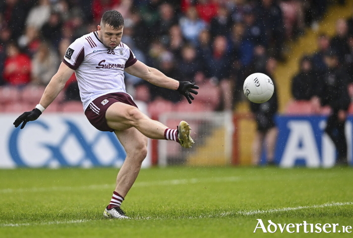 Damien Comer of Galway scores a point from a free during the GAA Football All-Ireland Senior Championship Round 2 match between Derry and Galway at Celtic Park in Derry. Photo by Piaras Ó Mídheach/Sportsfile
