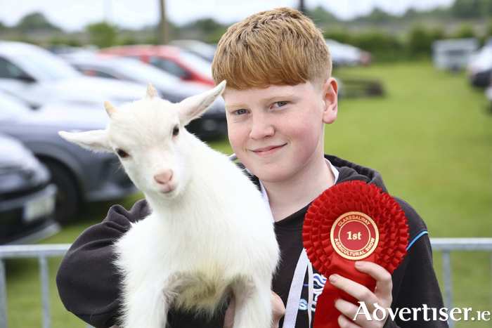 Éoin Moylan, Cahergowan with his prize winning goat, Chase at the Claregalway Agricultural Show on Sunday. Photo: Mike Shaughnessy