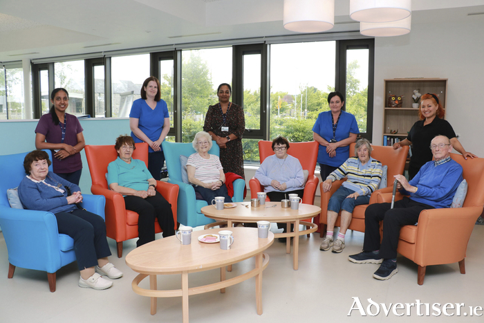 Seated LtoR– Attendees Mary Lawlor, Kathleen Keane, Ann Mullins, Bridie Miskell, Mary Mahon and Brendan Gilligan Standing LtoR - Amrutha Abraham, Staff Nurse; Geraldine Higgins, Health Care Assistant; Sini Varghese, Director of Nursing; Nora Costello, Health are Assistant and Frida Delagado, Health Care Assistant.

