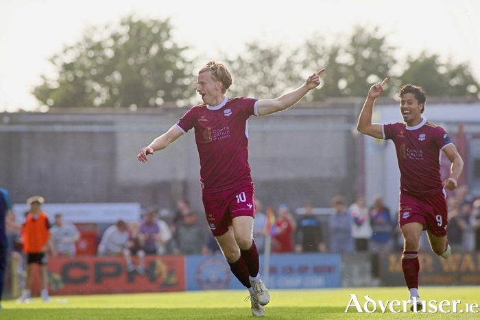 Galway United’s David HUrley celebrates in front of the home fans after scoring against St Pats in action from the SSE Airtricity Men’s Premier Division game at Eamonn Deacy Park last Friday night. (Photo: Mike Shaughnessy)