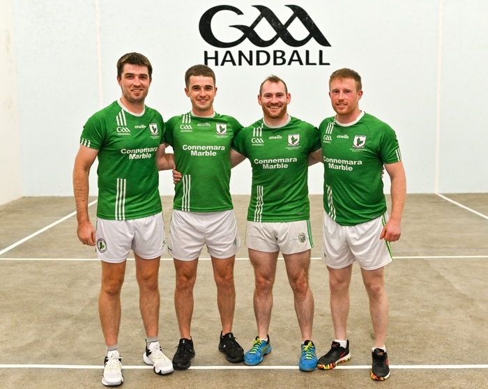The All-Ireland senior winning Maigh Cuilinn team of Martin Mulkerrins, Diarmuid Mulkerrins, Conor Noone and Seamus Conneely.
