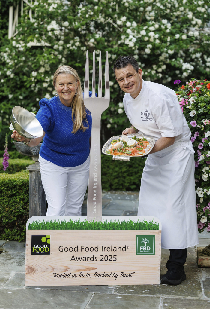 Birgitta Hedin Curtin, Burren Smokehouse with Ed Cooney, Executive Chef at the Merrion Hotel, pictured before the Good Food Ireland Awards 2025. Picture credit: Damien Eagers / Paul Sherwood Photography.